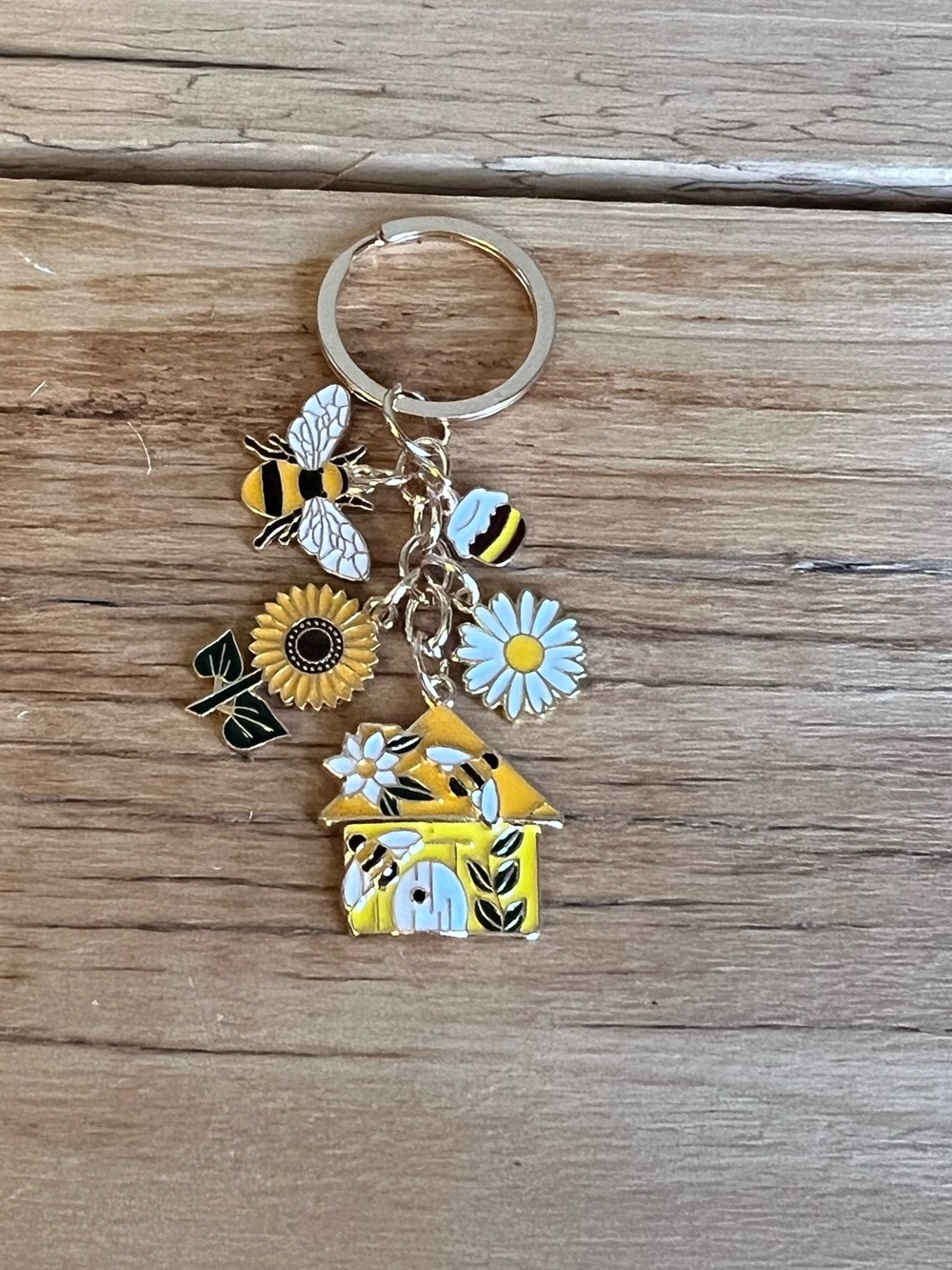 Sunny Bee & Flower Charm Keychain - Yellow, White, Black